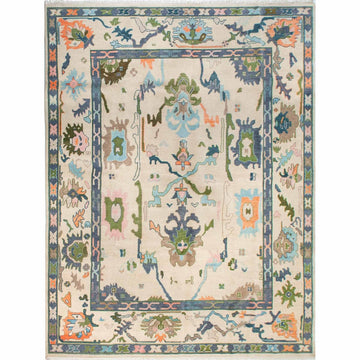 Artisan Hand Knotted Neutral Wool Rug with Colorful Motifs