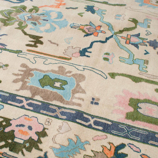 Artisan Hand Knotted Neutral Wool Rug with Colorful Motifs