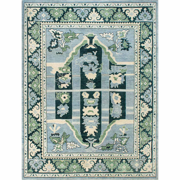 Luxury Hand Knotted Blue Green Wool Rug with Traditional Floral Pattern