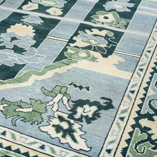 Luxury Hand Knotted Blue Green Wool Rug with Traditional Floral Pattern