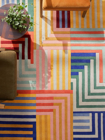 Designer Hand-Tufted Wool Area Rug Featuring Bold Geometric Pathways and Multicolor Accents