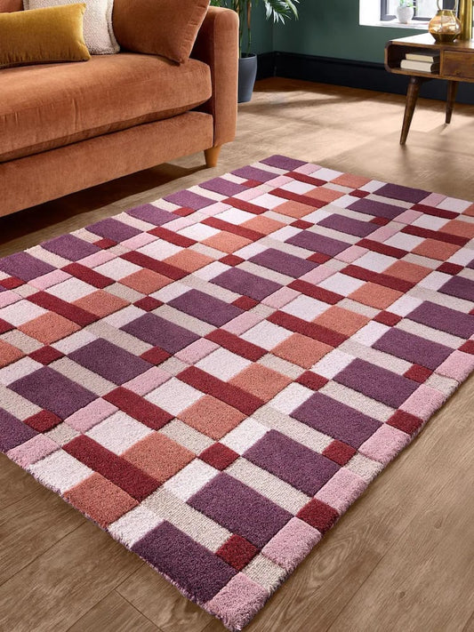 Premium Hand-Tufted Wool Area Rug with Modern Grid Geometry and Elegant Color Blocking