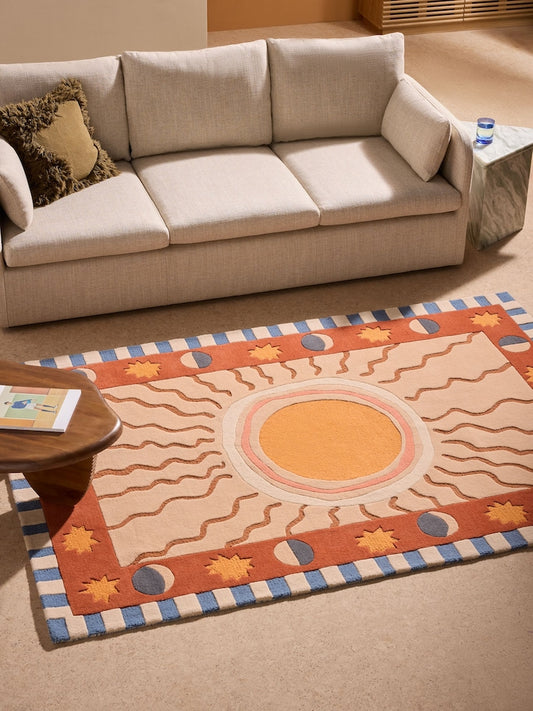 Hand-Tufted Modern Wool Area Rug with Celestial Sun Motif and Decorative Border Design