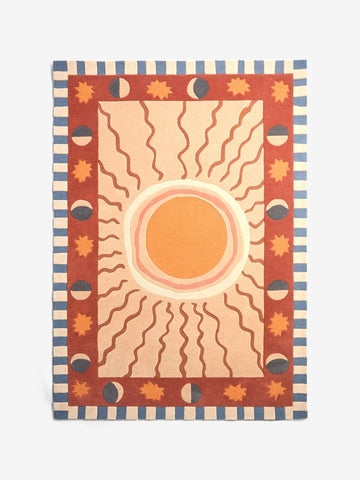 Hand-Tufted Modern Wool Area Rug with Celestial Sun Motif and Decorative Border Design