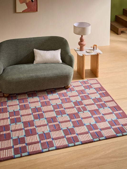 Minimalist Hand-Tufted Wool Rug with Structured Checkered Motif and Soft Contrast Tones