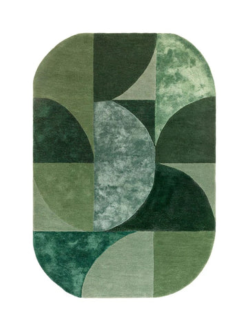 Contemporary Hand-Tufted Wool Rug with Curved Geometric Design and Natural Green Palette