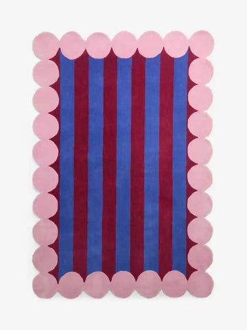 Handmade Wool Area Rug with Bold Vertical Stripes and Soft Scalloped Pink Border