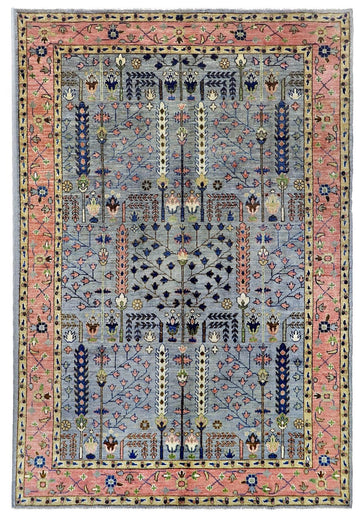 Hand Knotted Sky Blue Wool Rug with Allover Botanical Pattern