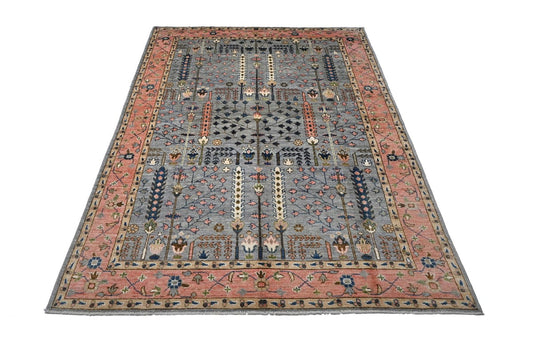 Hand Knotted Sky Blue Wool Rug with Allover Botanical Pattern