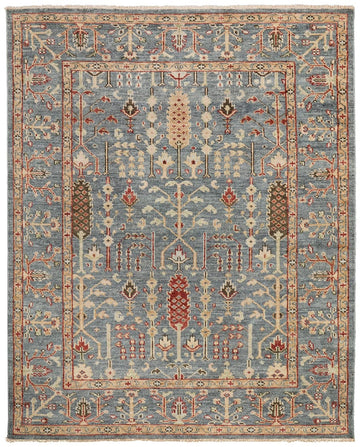 Hand Knotted Blue Wool Area Rug with Traditional Floral Tree Design