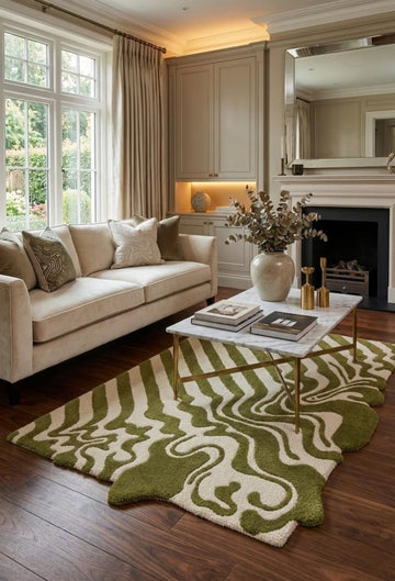 Modern Handmade Abstract Art Rug with Flowing Curved Lines  Luxury Living Room Interiors