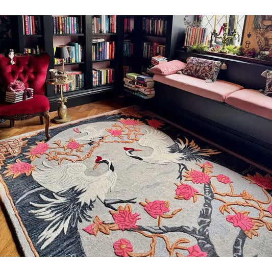 Elegant Hand Tufted Crane Bird Rug Luxury Wool Area Rug for Modern and Vintage Interiors