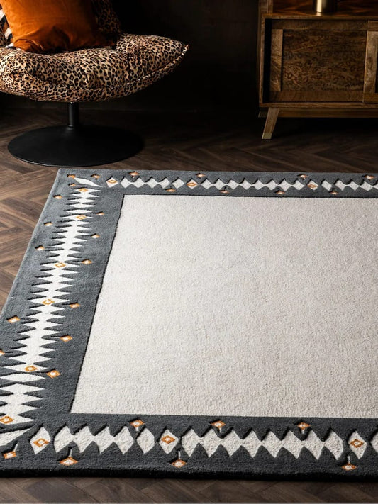 Minimalist Hand Tufted Wool Area Rug with Southwestern Geometric Edge  for Contemporary Home Decor