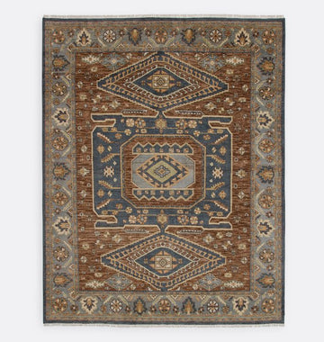 Bardolino Hand Knotted Blue & Rust Ethnic Pattern Rug