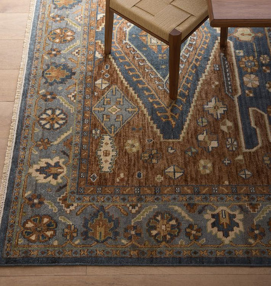 Bardolino Hand Knotted Blue & Rust Ethnic Pattern Rug
