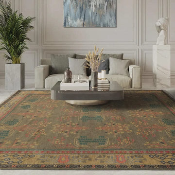 Olive Green Hand Knotted Wool Rug – Vintage Floral Tribal Area Rug