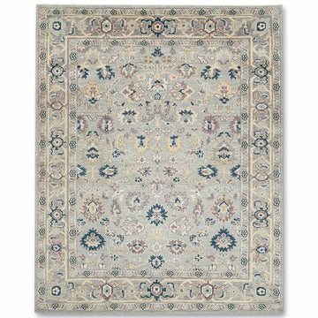 Hand Knotted Oushak Wool Rug, Soft Gray Floral Area Rug, Handmade Turkish Carpet