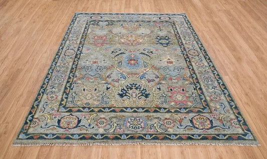 Hand Knotted Oushak Wool Rug – Blue Ivory Vintage Area Rug