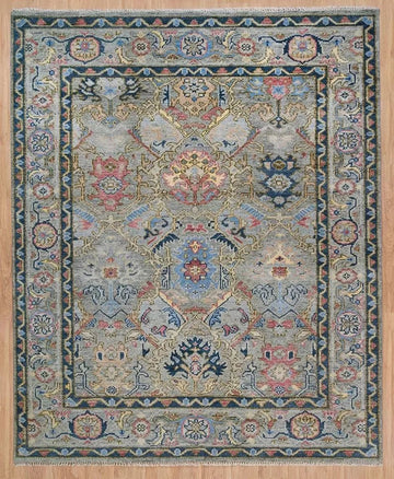 Hand Knotted Oushak Wool Rug – Blue Ivory Vintage Area Rug