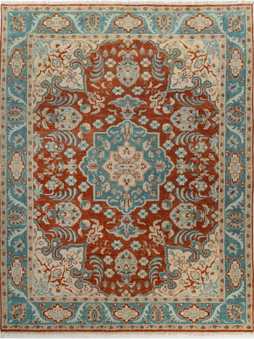 Hand Knotted Oushak Wool Rug – Rust Blue Vintage Area Rug