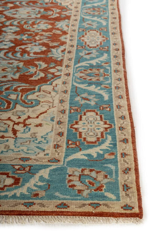 Hand Knotted Oushak Wool Rug – Rust Blue Vintage Area Rug