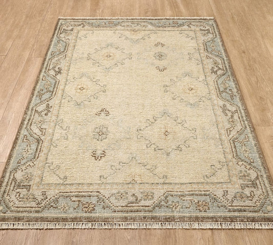 Mabel Hand Knotted Wool Rug – Vintage Beige Blue Area Rug