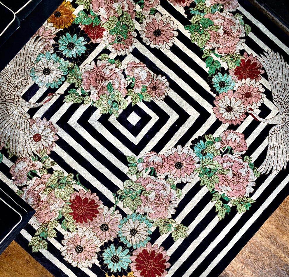Premium Hand-Tufted Floral & Crane Designer Rug – 9x12 ft | Black & Navy Blue with Elegant Viscose Accents
