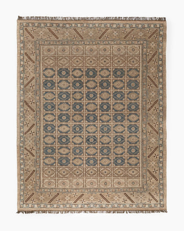 Hand Knotted Wool Rug – Beige Blue Geometric Area Rug
