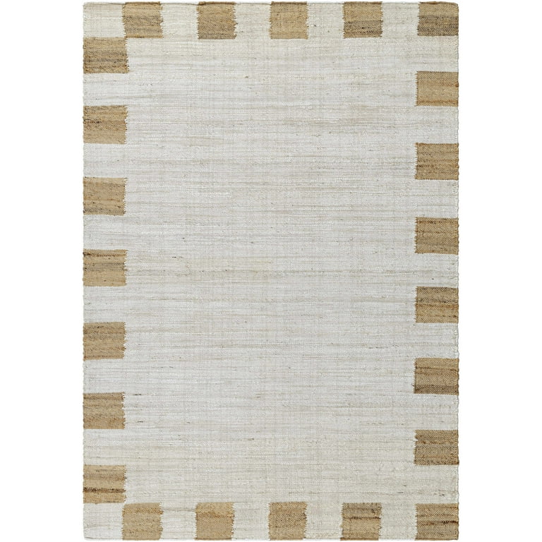 Handwoven Jute & Wool Rug with Minimalist Border Design - Natural, Beige & Brown