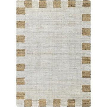 Handwoven Jute & Wool Rug with Minimalist Border Design - Natural, Beige & Brown