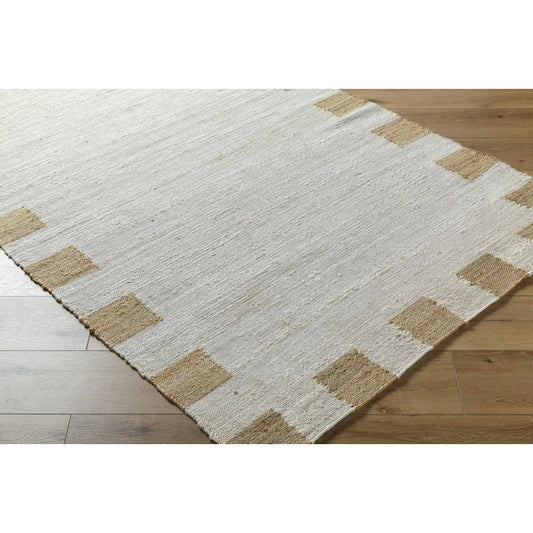 Handwoven Jute & Wool Rug with Minimalist Border Design - Natural, Beige & Brown