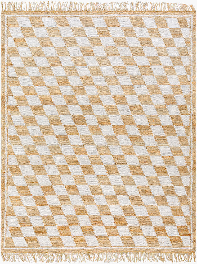 Handwoven Jute & Cotton Rug – Natural & White Diamond Checkered Pattern with Fringe