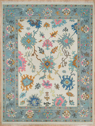 Pink Blue Contemporary Vibrant Turkish Rug | White Blue Oushak Area Rug | Blue Pink Wool Rug in Graphite Details