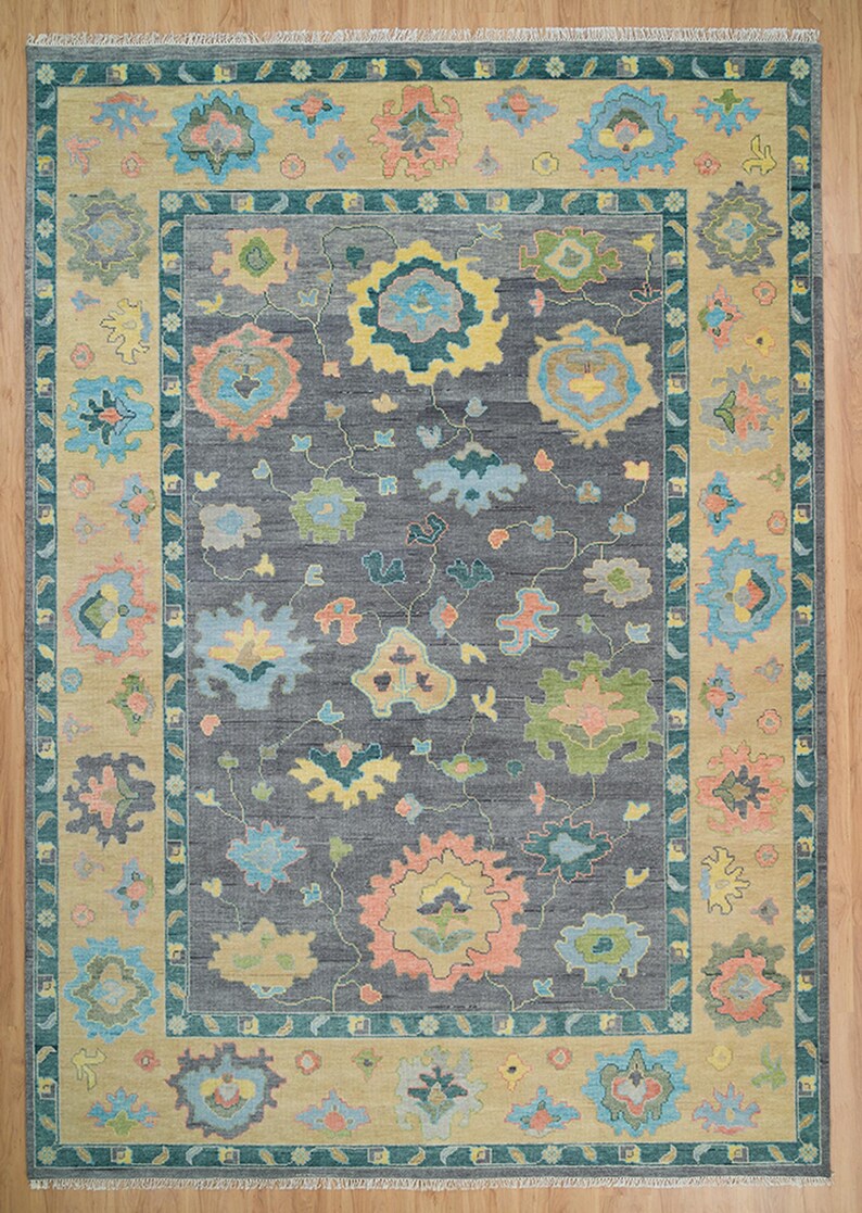 Hand-Knotted Custom Oushak Area Rug – Elegant Gray Foundation with Colorful Accents,