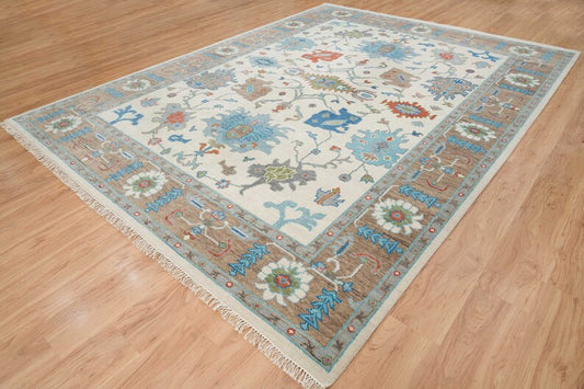 Global Fusion | Handwoven Oushak Rug | Ivory with Sky Blue Accents | Wool, Living Room