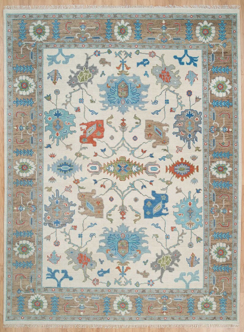 Global Fusion | Handwoven Oushak Rug | Ivory with Sky Blue Accents | Wool, Living Room