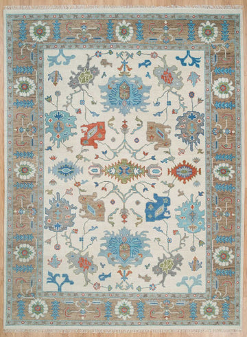 Global Fusion | Handwoven Oushak Rug | Ivory with Sky Blue Accents | Wool, Living Room