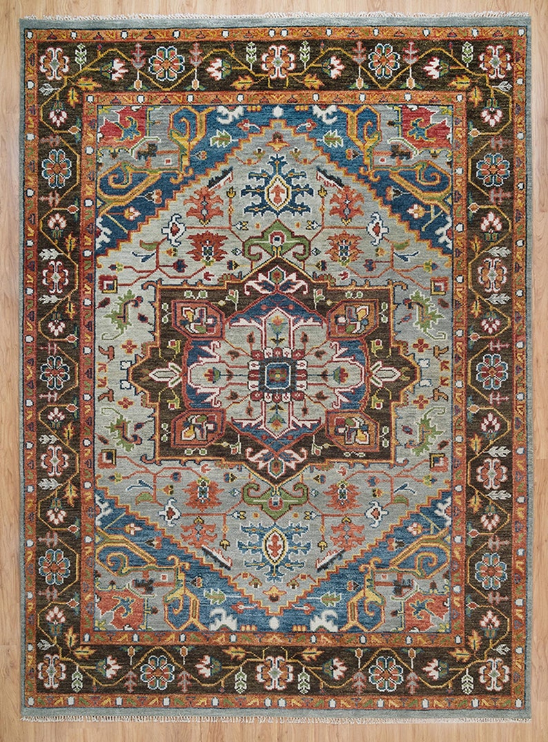 Handcrafted Harmony | Turkish Rug in Silver, Rust, and Blue | A Modern Masterpiece