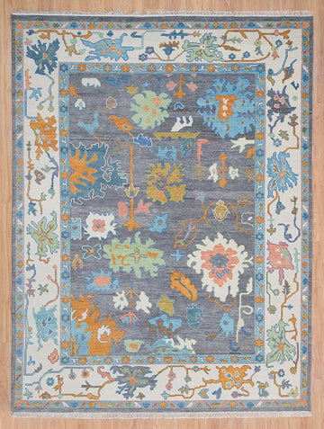 Woven Art | Hand-Knotted Oushak Rug with a Modern Twist in Blue-Green with Orange Accents