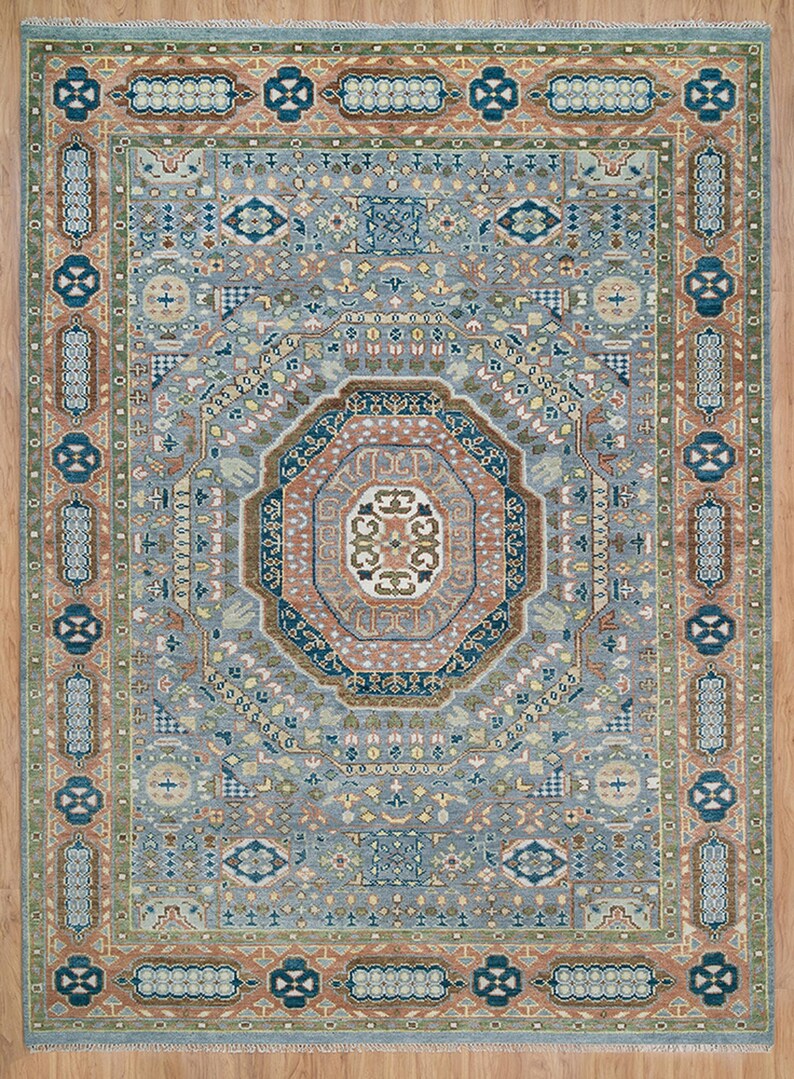 Hand-Knotted Silver Grey Oriental Rug with Rust Border – Timeless Luxury for Living Rooms