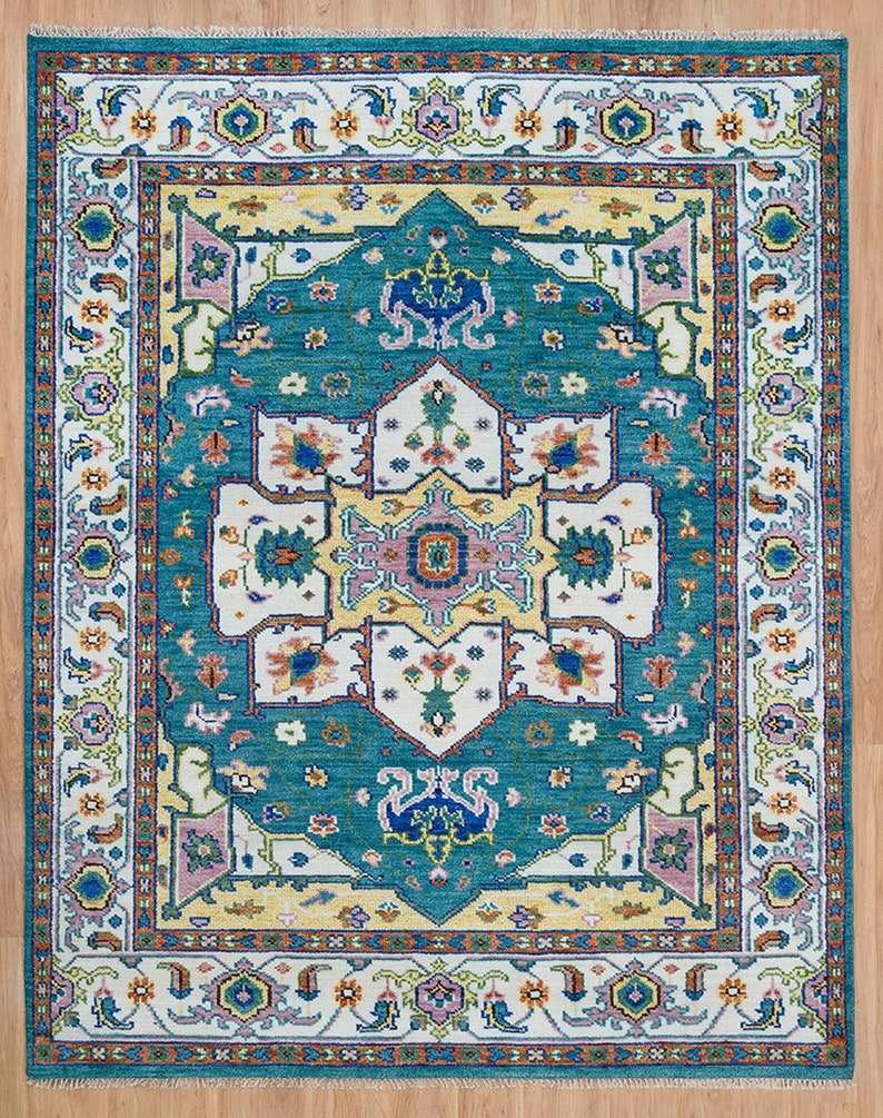 Hand-Knotted Harmony Rug – Soft Teal & Ivory Turkish Wool Area Rug
