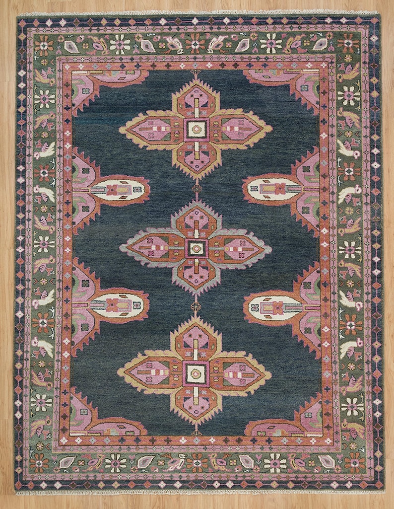Emerald & Navy Tapestry | Handwoven Turkish Oushak Rug with Pink Accents | Wool