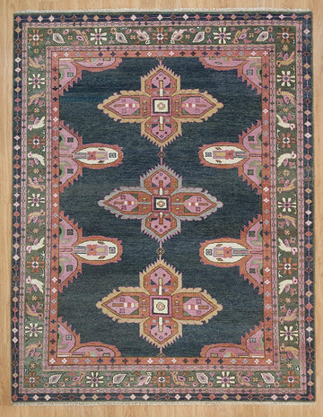 Emerald & Navy Tapestry | Handwoven Turkish Oushak Rug with Pink Accents | Wool