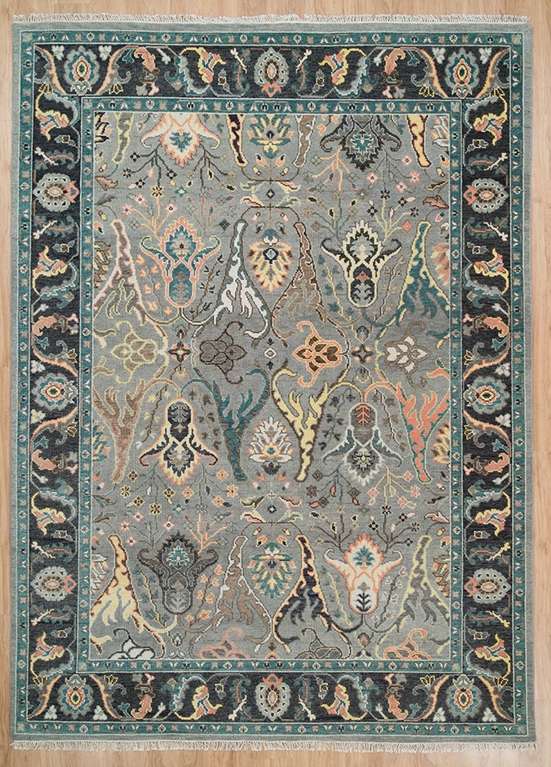 Lucky Shrimp Turkish Rug | Dark Black Acid Gray Oushak Rug | Green Focal Area Rug | Sophisticated Bedroom Wool Rug