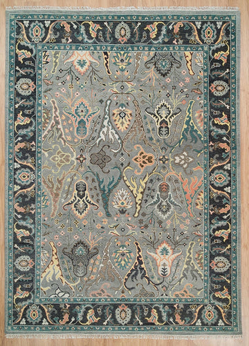 Lucky Shrimp Turkish Rug | Dark Black Acid Gray Oushak Rug | Green Focal Area Rug | Sophisticated Bedroom Wool Rug