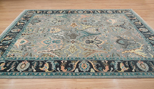 Lucky Shrimp Turkish Rug | Dark Black Acid Gray Oushak Rug | Green Focal Area Rug | Sophisticated Bedroom Wool Rug