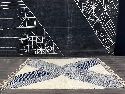 Modern Moroccan Retreat – Handwoven Beni Ourain Wool Rug with Striking Indigo Accents