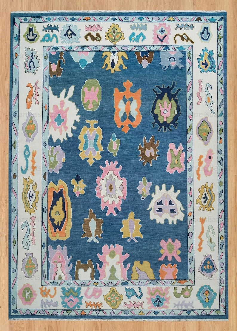 Turkish Handmade Contemporary Oushak Rug – Soft Blue & White with Subtle Pink Accents | Modern Living Room Rug