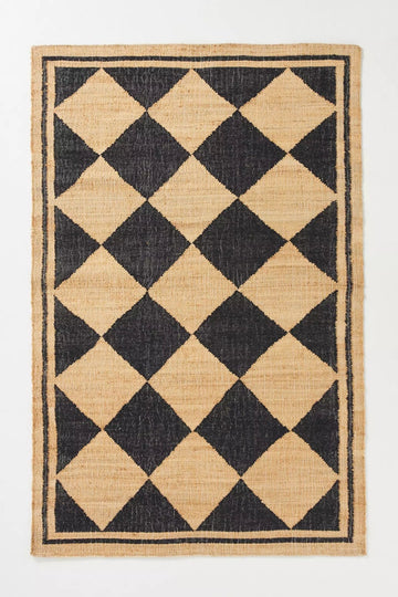 Handwoven Jute & Wool Rug with Geometric Diamond Pattern - Natural & Black