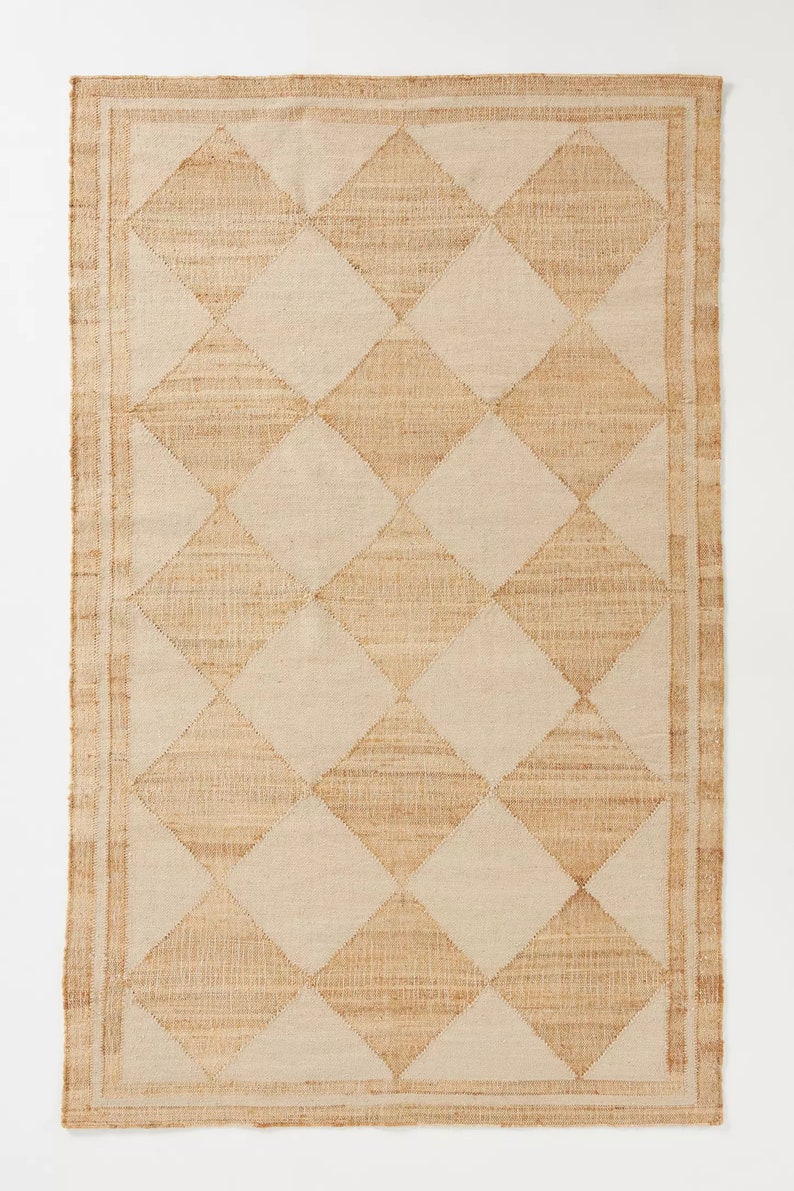 Natural & Beige Diamond Pattern Rug – Handcrafted Flatweave in Jute and Wool Blend